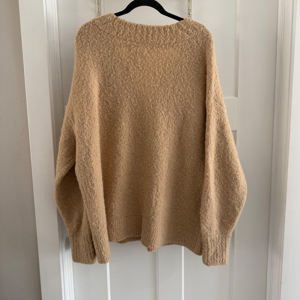 Aerie Teddy V Neck Boucle Oversized Sweater Tan Camel XL Relaxed Fit Knit - Picture 5 of 6